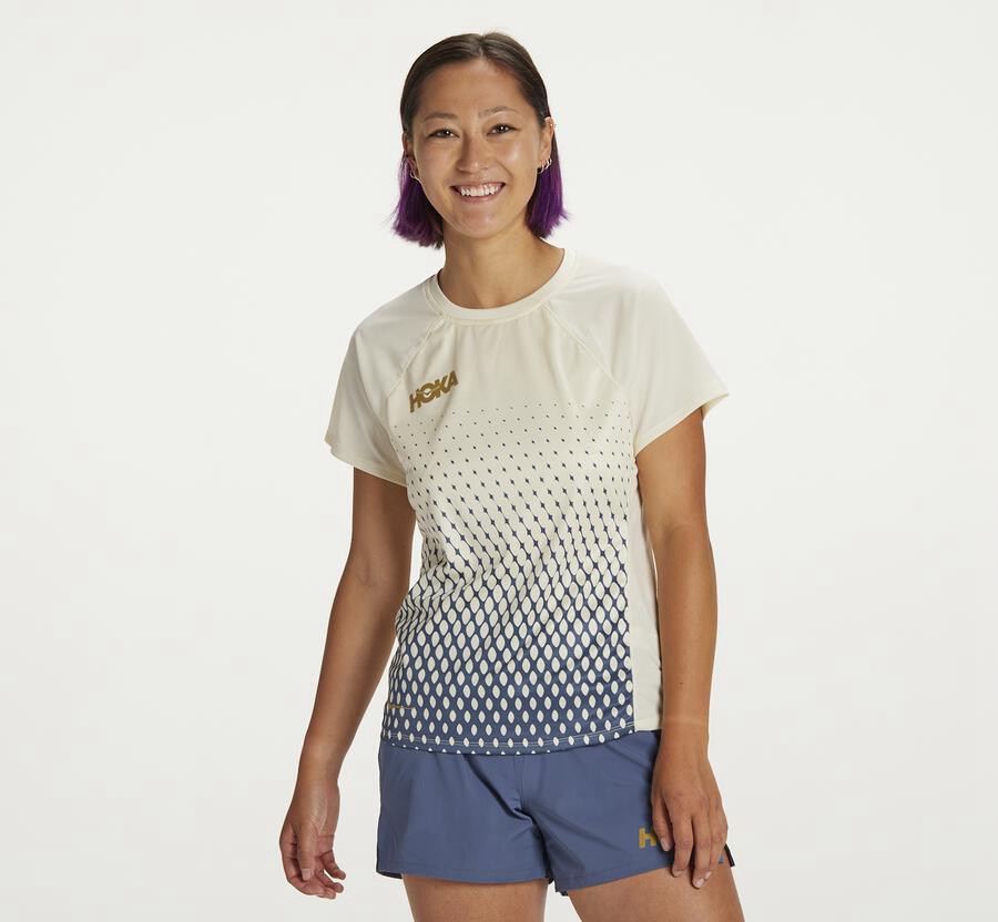 Hoka One One Tops Womens Blue/White - Performance Short Sleeve - 93648NZTJ